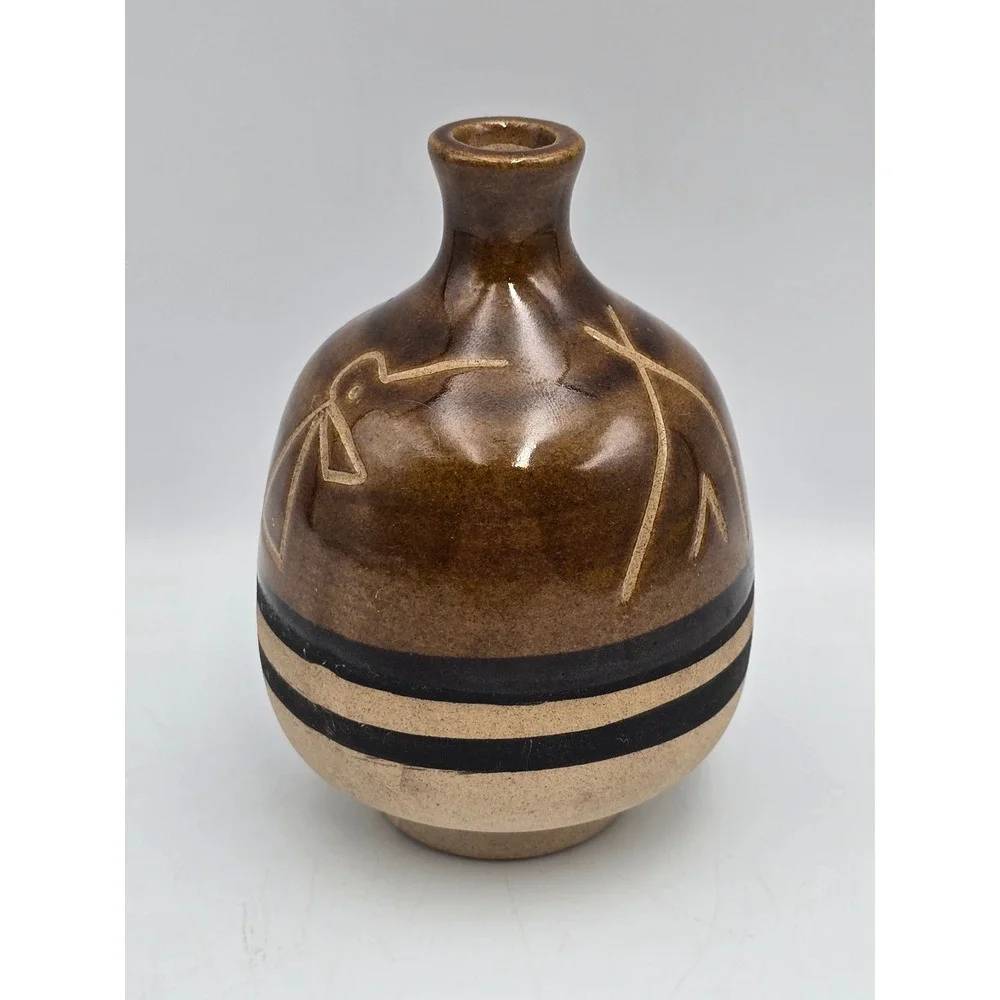 Unbranded Pottery Bud Vase Unisex Small Brown Excellent Southwestern Etched‎